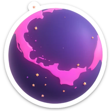 a purple planet glowing pink with tiny stars around it, 3D cartoon style sticker