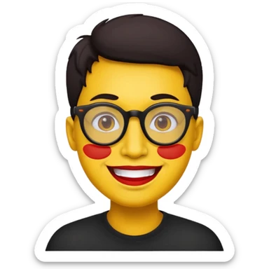 A simple yellow face smiling emoji with red lens glasses and black frames sticker
