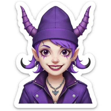 purple girl demon with tattoos, hat, jacket and horns sticker