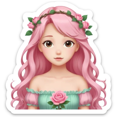 gorgeous pastel anime style lady with blushing face and roses cottagecore fairy sticker