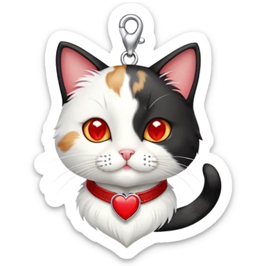 tuxedo cat with red leash and heart pendant, white fur only on mouth, small diamond spot above nose sticker