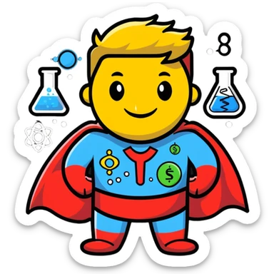 smiling chemistry superhero surrounded by chemical symbols sticker