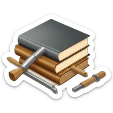 isometric thick BOOK with picture of wood, metal rods, welder, tools sticker