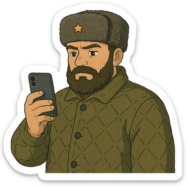 ghibli style illustration of a Russian military blogger in ushanka and vatnik, holding a phone sticker