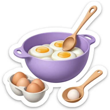 a lilac ceramic mixing bowl with a wooden spoon stirring and sitting next to it is a dozen eggs with the carton lid open sticker