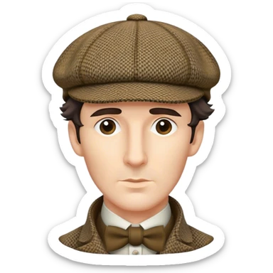 sherlock holmes, wearing a deerstalker hat with the fabric is often tweed, which features a subtle checkered or herringbone pattern with darker and lighter threads woven together, creating texture and depth.  sticker