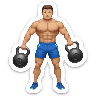 buff man with blue shorts holding heavy kettlebell sticker