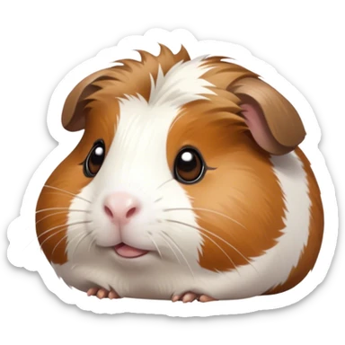 Cinematic Cute Brown and White Banded Guinea Pig Portrait Emoji, Head tilted playfully and inquisitively, showcasing a fluffy fur with playful brown and white banded patterns, round, sparkling dark eyes filled with curiosity, Simplified yet irresistibly adorable features, highly detailed, glowing with a warm, friendly glow, high shine, affectionate and spirited, stylized with a touch of whimsy, bright and endearing, soft glowing outline, capturing the essence of a mischievous yet loving guinea pig, so playful it feels like it could dash out of the screen and into your arms! sticker