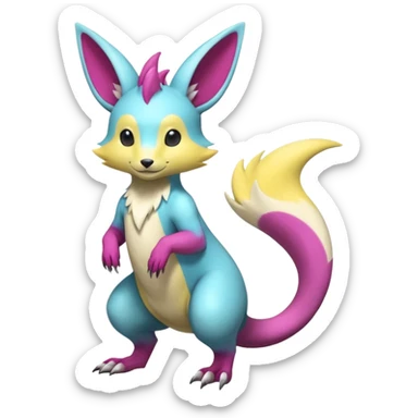 realistic Shiny smooth silky soft Cyan-Yellowish-Magenta Minccino-Zeraora-Emolga-Vernid-Sergal-fusion-hybrid-animal-creature, full body sticker