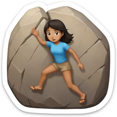a girl with dark hair pushing a big boulder sticker