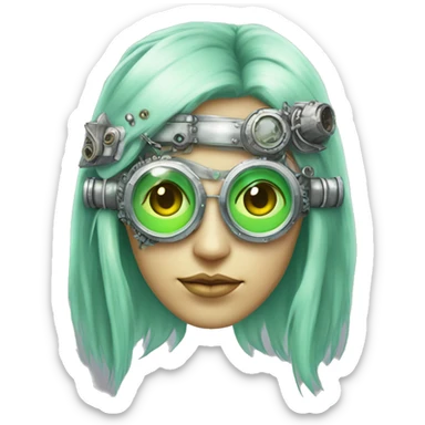 Pastel green long haired female cyborg head with silver steampunk goggles sticker