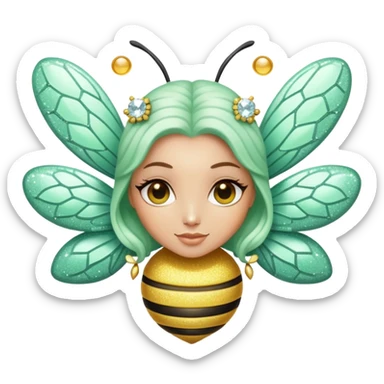 Mint green woman bee with diamond wings, sparkly rhinestones, and glitter accents sticker