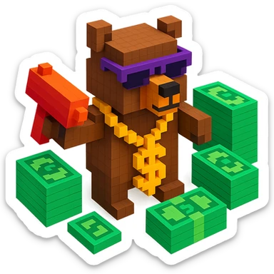 Russian grizzly bear with a rapper chain and a money gun, surrounded by stacks of money sticker