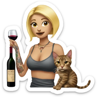 Blonde women in, her body covered with tattoos, wine in her one hand and pointing cat with other hand sticker