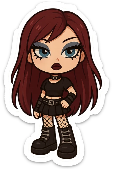 bratz-inspired emo girl, burgundy long hair, pale skin, blue eyes, dramatic eyeliner, alternative fashion, chibi sticker style sticker