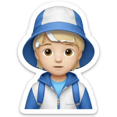 A little boy student white skin, blonde hair, with white bucket hat, white jacket, blue backpack sticker