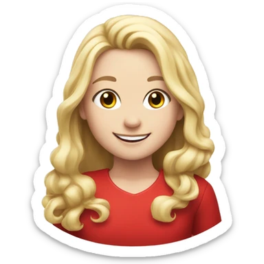 Smiling girl in red dress with long blonde hair holding a sheep sticker