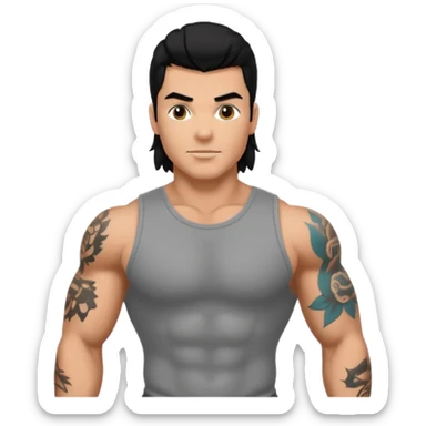 a guy with mullet and tattoos. Black hair. Muscled sticker