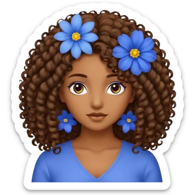Qro uma moça morena de cabelo cacheado com uma flor azul no cabelo com o cabelo baixo sticker