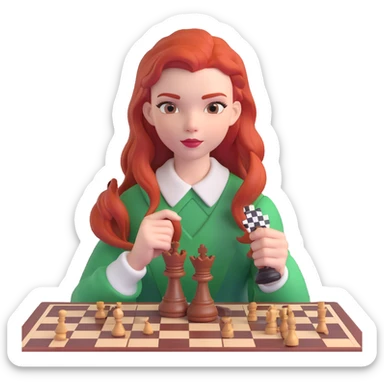 Anya Taylor-Joy from Queen's Gambit, red hair, chessboard, holding a chess piece sticker