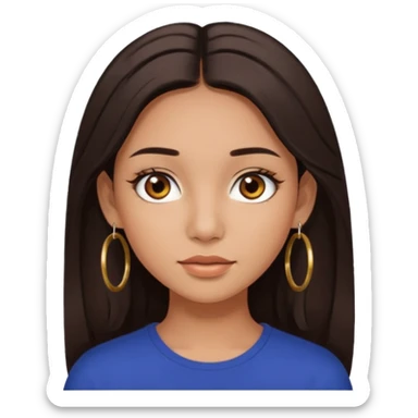 girl with brown asian eyes, long eyelashes, layerd mid length hair dark brown, tanned skin hoop earrings middle parting hair  sticker