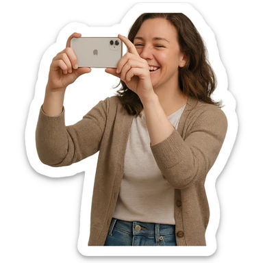 a woman photographing something with an iPhone, candid moment, relaxed outfit, cheerful mood sticker