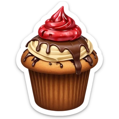 a coffee colored muffin with a wrapper and strawberry jam flowing out the top with pieces of chocolate slowly melting sticker
