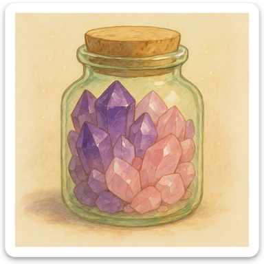 amethyst and rose quartz crystal pieces in a jar, natural colors, soft, fairy-like atmosphere, no background, square size sticker