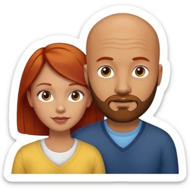 Couple. A bald man with dark brown beard and a girl with light skin. She is a redhead and has dark yellow brown auburn hair. Different skincolor. She has very light skin. sticker