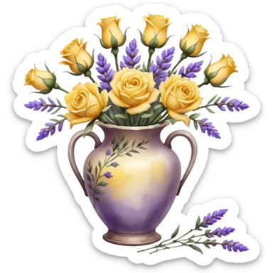 Watercolor painting of yellow roses and lavender in a vintage vase, with light brushstrokes visible sticker