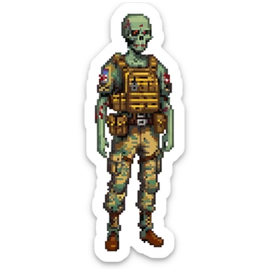 A zombie undead soldier, he has a bdu camouflaged uniform with a tan plate carrier, undead, leaned over posture, zombie, partially skeleton sticker