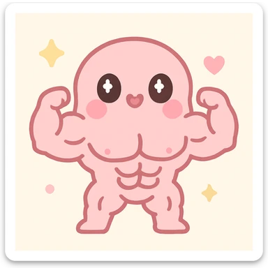 Make the kawaii character look buff and muscular, keep the adorable and pretty pink style, wide eyes, heart-shaped lips. sticker