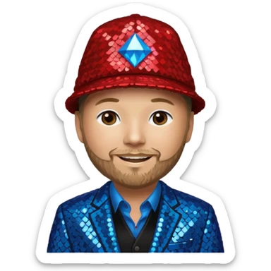 Fred Durst with sequin cream suit jacket with black shirt, red sequin hat, blue eyes, dark blonde hair sticker
