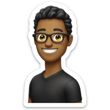 un chico con pelo negro con lentes negros y sonriendo que lleve un polo blanco y una chauqeta de color negro  sticker