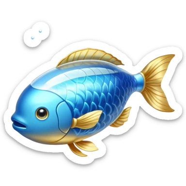 Shimmering golden capsule floating in flowing soft blue liquid currents, with an ethereal translucent fish circling around a glowing brain suspended in the fluid. Gentle waves of light pulsing outward from the brain, creating an aura of serenity, enhanced focus and mental clarity. sticker