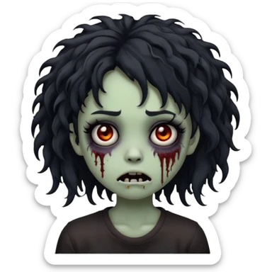 creepy emo zombie girl emoji, black curly medium-long hair, shaggy, dark, spooky expression sticker