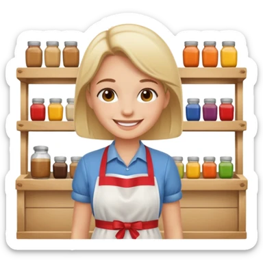 grown  2D line-drawn character + small bright shop sticker