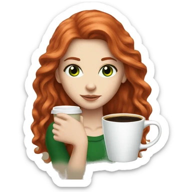 White girl long long red hair with green eyes and coffee  sticker
