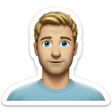 A head and shoulders shot of a 33 year old white man, with short brown hair,   with blue eyes wearing a t-shirt. sticker