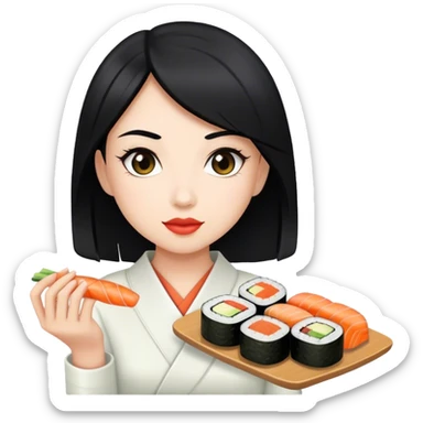 Girl with black hair and light skin holding sushi sticker