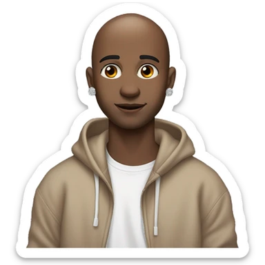 a bald guy of 20 years old with a blush on his cheeks, brown eyes and a small diamond earring in his left ear looks at us indifferently, dressed in a black oversized hoodie and holding a microphone in his hands sticker