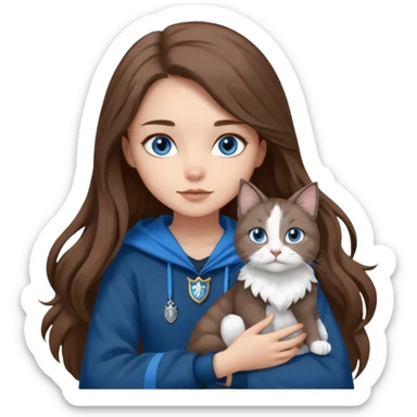 gorgeous Girl with light skin, blue eyes, long brown hair, wears a ravenclaw outfit, with a grey and white cat holding in her arms sticker