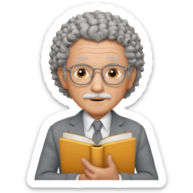 elderly male, curly hair, holding book, wearing gray suit sticker