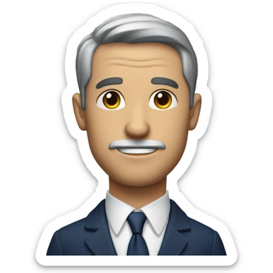 a man has no mustache or beard, he is dressed in a navy suit and carries a telescope sticker