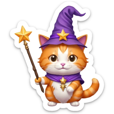 Orange cat wearing a purple wizard hat and holding a magic wand with a star at the tip sticker