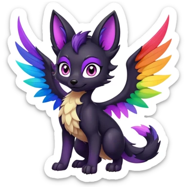 Cartoon female black Fox dragon hybrid purple eyes with rainbow colored wings face front full body sticker