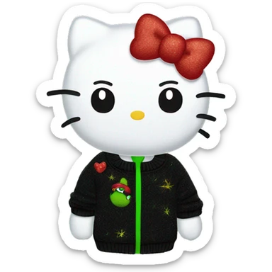 Hello kitty wearing black sweater with a glittery grinch embroidered on the sweater sticker