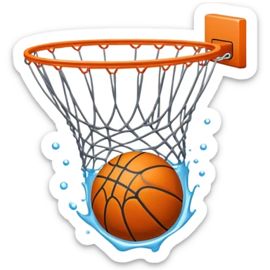 Basketball with net creating a splash effect as ball goes through, water-like net, iOS emoji style sticker