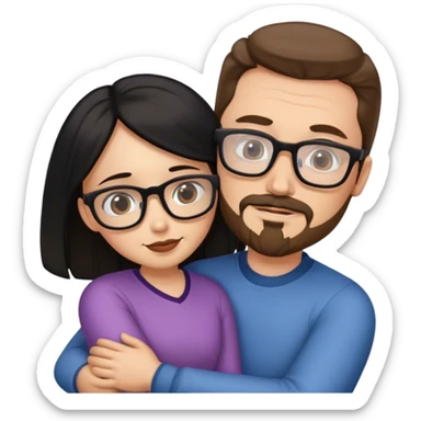 Tall white man brown hair and goatee hugging small woman long black hair square glasses, professional sticker