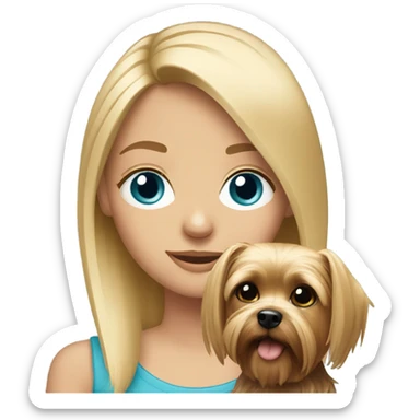Blonde girl with blue eyes and a dog yorkie sticker